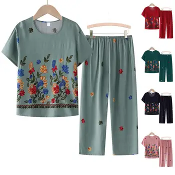 1 Комплект, тениска, Комплект панталон, Популярната женска тениска, Панталони, Свободна риза с флорална принтом и къс ръкав, Комплект панталон за сън