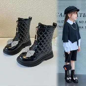 2022 Нова детски обувки за момичета, ботильоны, зимни обувки в британски стил с катарама, Плюшени памучни обувки на Принцесата на равна платформа