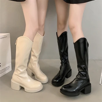 2023 Високи ботуши Дамски Обувки от естествена кожа на висок ток За жени, Модни Каубойски ботуши с цип отзад, Нестандартен, Дамски обувки