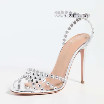 2023 г., Нови маркови Дамски сандали с пайети и кристали, Чубрица сандали-гладиатори на високи токчета с шипове, Летни Сватбени обувки за бала, Sandalias Mujer