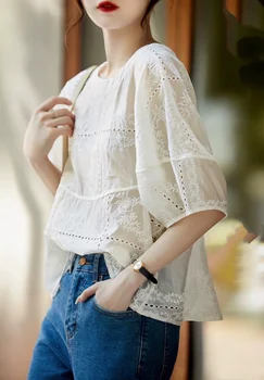 2023, Есенно-зимни Модни Нова дамски дрехи, бяла риза с бродерия 0905