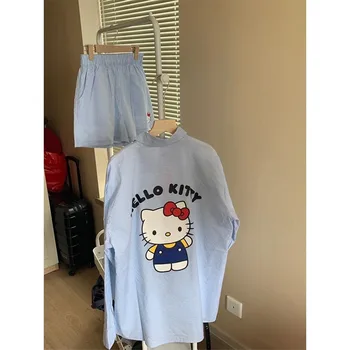 2023 Комплект ризи Kawaii Sanrio Hellokitty, Панталони с къси ръкави от картун Аниме, Комплект от две части, Сладък Свободен топ за момичета, Пролет-есен-лято