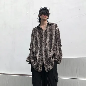 Harajuku реколта леопардовая тениска за мъже и жени, дизайнерски покривка, свободни подвижни фалшиви две ризи с дълъг ръкав, блуза в стил пънк-готик, хип-хоп