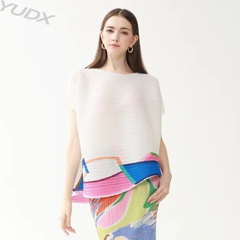 YUDX Ежедневни плиссированная тениска с къс ръкав, дамски модни дизайнерски блузи, Новост есента 2023, Свободен Голям Размер, Кръгъл отвор, Цветен заключване