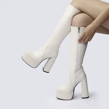 Бели дамски обувки 2023 г. Нови зимни модни Ботуши на висок ток с квадратни пръсти, Удобни дамски ботуши до коляното на платформа и масивен ток