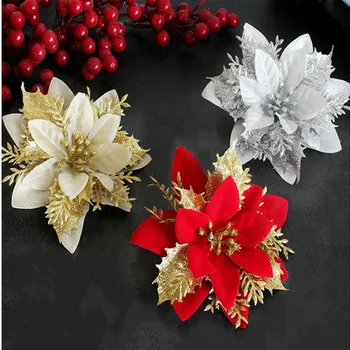 Блестящи Изкуствени коледни цветя, украси за Коледната елха, Забавни Коледни декорации за дома, Коледен подарък, Коледен декор 2023