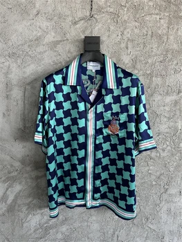 Висококачествена Новата Модерна риза коприна в синя клетка, Градинска дрехи с принтом Замъка, Мъжки и Женски Хавайски плажни ризи с къс ръкав