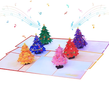Всплывающая Коледна картичка под формата на 3D Коледна елха с led подсветка, музикален модул, Плик за лазерно рязане, Шапка на Дядо Коледа, Коледен подарък