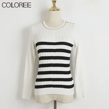 Дамски блузи с бяла и черна ивица 2023, Есента случайни елегантен трико с кръгло деколте и дълъг ръкав в корейски стил