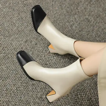 Дамски ботильоны, Есенни и зимни Работни Ежедневни обувки на дебел висок ток, качествени обувки от естествена кожа, Дамски размери 34-42
