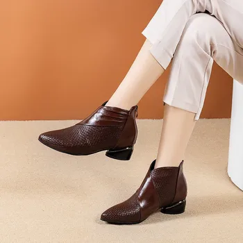 Дамски есенни нови кожени обувки на масивна ток с цип отзад дамски кашмир ботуши големи размери, дамски C1142