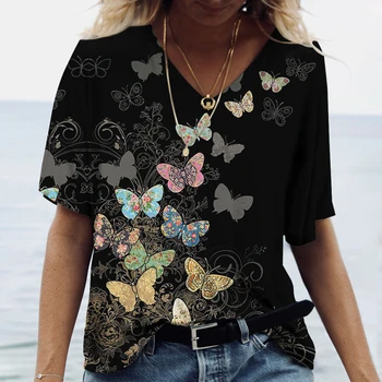 Дамски тениски с 3D V-образно деколте и принтом пеперуди, памук модерен топ с къс ръкав 2022, ежедневни базова дрехи за момичета, Harajuku clot
