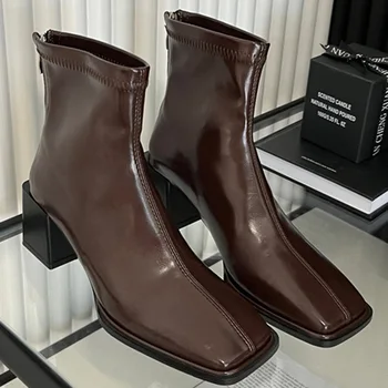 Дизайнерски женски обувки Martin Martin на висок ток 6 см в стил пънк, къси ботуши с квадратни пръсти На масивна ток, цип отзад, обувки Martin