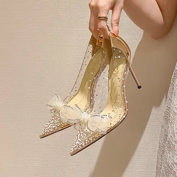 Дизайнерски сензационно сватбени обувки за жените, нови пролетно-летни прозрачни обувки за шаферките на тънък ток с кристали