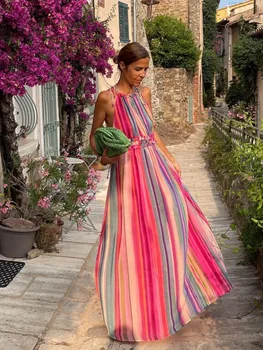 Една модерна женствена рокля без ръкави с цветна каишка, Модерен принт, плисе дамски рокли дантела, 2023, Дамско парти, Vestidos