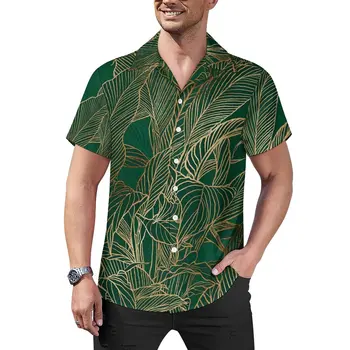 Ежедневна риза Gold Plant с ботаническата дизайн, Плажна Свободна риза, Хавайски реколта блузи с къс ръкав и принтом, върхове Оверсайз