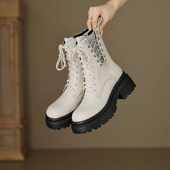 Есенно-Зимни Дамски обувки; Обикновена Обувки на платформа с цип; Дамски обувки от естествена кожа, с кръгли пръсти на масивна обувки дамски ботуши