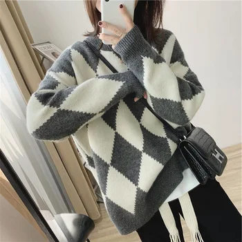 Есенно-зимния нов корейски пуловер Linger, дамски пуловер в стил колеж, приключенски, свободен и тънък трикотаж