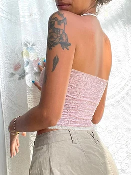 Жена ретро дантелен топ с цветен модел, с отворени рамене, без презрамки и без ръкави, Y2K, модерен комплект