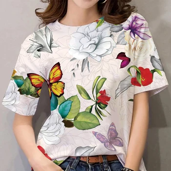 Женска тениска с принтом пеперуди, модни топове с кръгло деколте и къс ръкав, градинска ежедневни дамски дрехи, фланелка, Свободна риза оверсайз