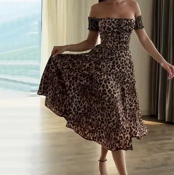 Женствена рокля 2023, Новост, Свободно Дълга рокля с леопардовым принтом на едно рамо, Секси Рокля средна дължина с къс ръкав и намаляване на