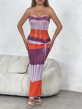 Женствена рокля Макси на спагети презрамки райе, мозайка шиене, Прозрачно Тънка Рокля с рибонами, дамски градинска облекло