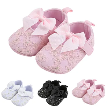 За Новородените Момичета, които за първи път отиват на училище, Вечерни обувки за малки деца, Меки обувки за бебета, Красиви обувки на Принцесата с цветен модел и лък