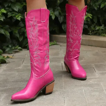 Каубойски ботуши в етнически стил с бродерия в западен стил, розово-кафяви зимни обувки на висок масивна ток с V-образно деколте, дизайнерски дамски обувки в готически стил до коляното