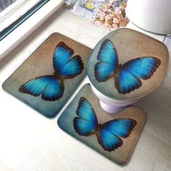 Комплект постелки за баня Blue Butterfly, 3 предмет, абстрактен гръндж фон, нескользящие постелки за баня, U-образни контурный мат, подложка за пода и тоалетна