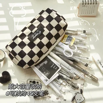 Креативна чанта за моливи Сладко Ins, Черно-Бял молив случай в шахматна дъска модел, Преносима чанта за съхранение на канцеларски материали с голям капацитет за студенти