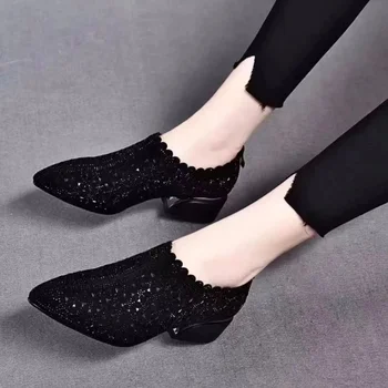 Лейси секси дамски обувки с остри пръсти, лято 2023, дизайнерски дамски обувки на среден ток за зрели, обувки-лодка Mujer