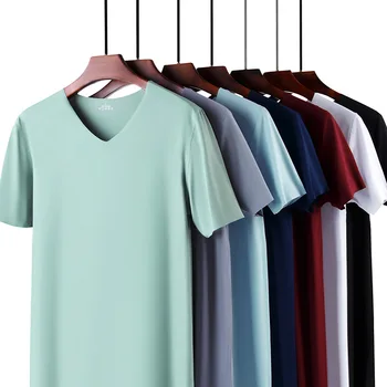 Летни тениски, мъжки риза от коприна лед, ежедневни базова тениска с V-образно деколте и къс ръкав, безшевни тениски, потници, мъжки дрехи, градинска облекло