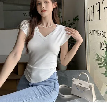 Лятна Корея, модна тениска на Y2K, Дамски Секси Японската тениска с V-образно деколте Дамски Тънък облегающая тениска, Дамски блузи Cothes Kop
