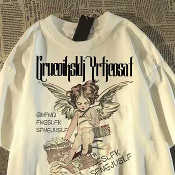 Лятна модна тениска с образа на Ангел и графити в американски стил Харадзюку, Свободна персонални градинска тениска Y2K за мъже и жени