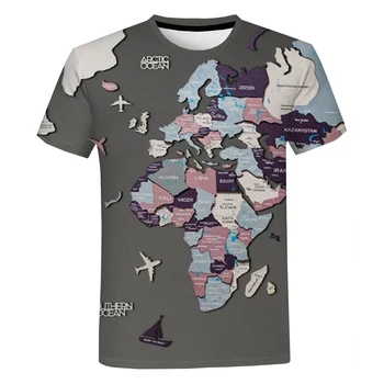 Лятна Тениска с къс ръкав, градинска дрехи с 3D принтом карта на света за мъже и жени, риза в стил Харадзюку с кръгло деколте, топ Оверсайз