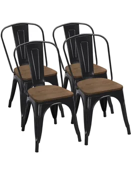 Метални сгъваеми трапезни столове Олдън Design с дървена седалка, комплект от 4 парчета, черен