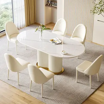 Модерен минималистичен маса за хранене и стол в стил рок в кремовом стил, лесен луксозен овална маса за хранене, малък домашен маса