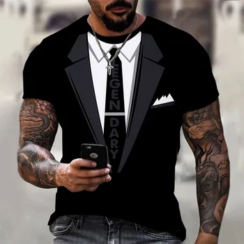 Модерен Мъжки тениски с 3D принтом, костюм и вратовръзка, однотонная тениска с къс ръкав, мъжки дрехи, върховете на хай стрийт, градинска облекло