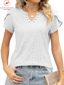 Модни дамски летни обикновена тениска с изрезки, прозрачен V-образно деколте, венчелистче, къс ръкав, ежедневни свободни пуловери, топ