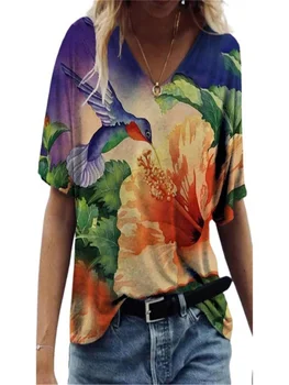 Модни дамски тениски с V-образно деколте, Лятна Тениска с цветна графика и 3D принтом Пеперуди, Блузи в стил Харадзюку 5xl, Дрехи Оверсайз, Пуловер