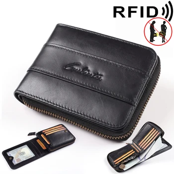 Мъжки Двукрилен чантата с RFID Заключване От Мека естествена Кожа с Цип, Безопасен И Траен Портфейл Повече Капацитет