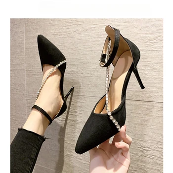 Нови Черни Женски фини обувки на висок ток с остър пръсти, Чубрица обувки на висок ток с бутони Baotou, Водна бормашина, Обувки на висок ток