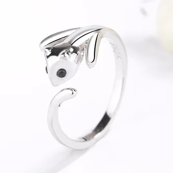 Отворен пръстен за малко котка от сребро S925, Модерни персонални пръстен със звезда Мяу, с черни очи