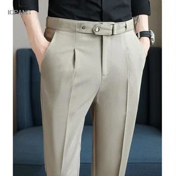 Плисирани Панталони за официален костюм За Мъже с Дължина до щиколоток, Лятно приталенное Корейска рокля с колан, Бизнес панталони за мъжете 2024