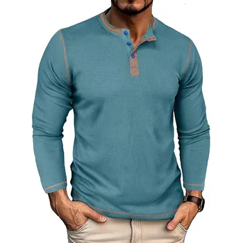Пролет, Есен, по Нова мода мъжка тениска в стил мозайка, Проста, с дълъг ръкав, Свободна, ежедневни облекла, тениски Хенри, основни пуловери