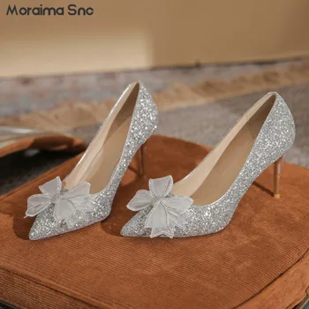 Сватбени обувки са с френски кристали и пеперуди, Остър чорап, пайети, Модерни сватбени обувки на висок ток, Банкетни Темпераментни обувки-лодка