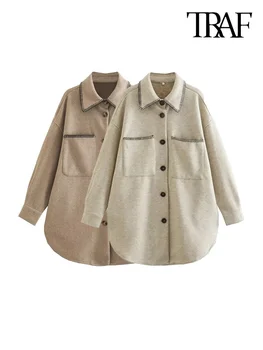 ТРАФИКА на Дамска мода С отстрочкой отгоре, яке оверсайз, Винтажное палто с накладным джоб с дълъг ръкав, Дамски връхни дрехи, ризи, Шикозни