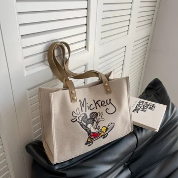 Холщовая чанта през рамо с Дизайн на Дисни Мики Маус, Дамска Ръчна чанта за пазаруване с Голям Капацитет, модерна чанта за момичета 33x24x12 см