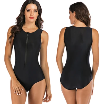 Черен цял бански без ръкави, със защита от акне, женски спортен бански костюм за предпазване от обриви на цип отпред, Спортен бански костюм за сърф