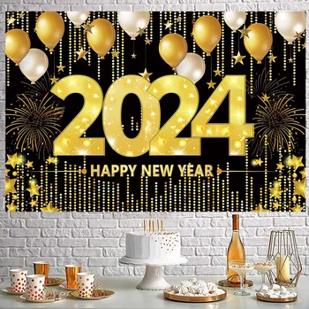 Щастлива Нова година 2024, Украса От Черното Злато, нова година Касата на Банери, Знамена, Нова година Коледна Украса за улицата Навидад 2024